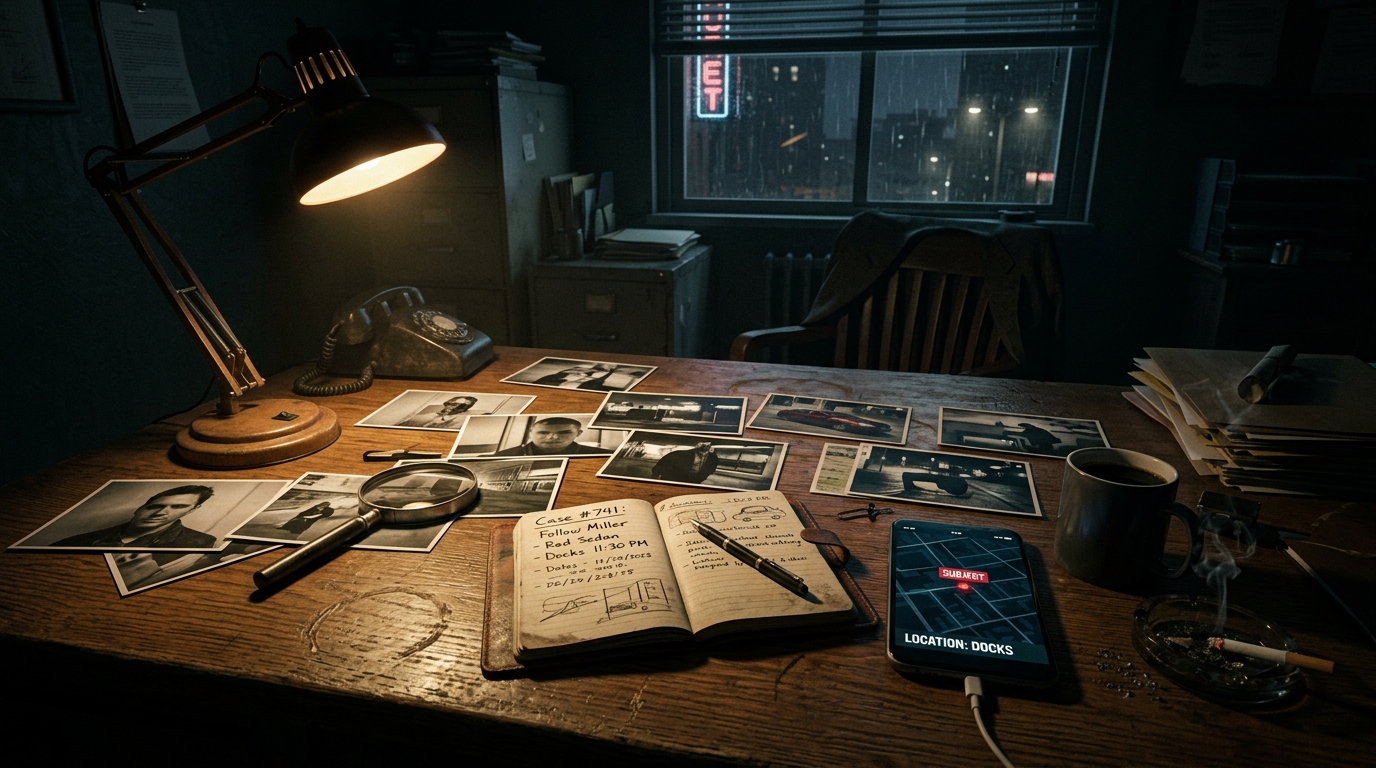 Escritorio de detective privado con fotos de vigilancia