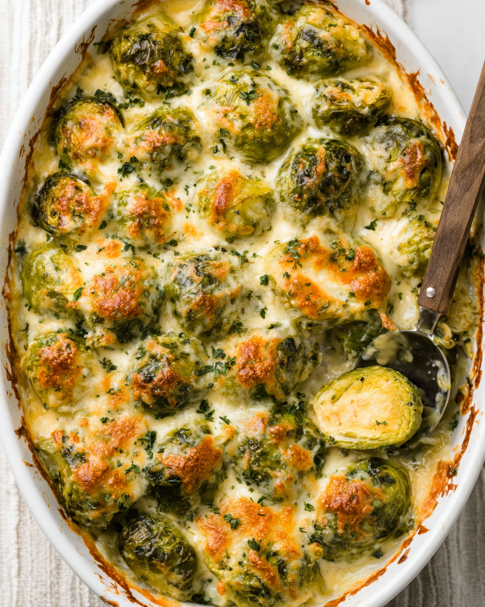 Creamy Brussels Sprouts Au Gratin with Garlic Infusion