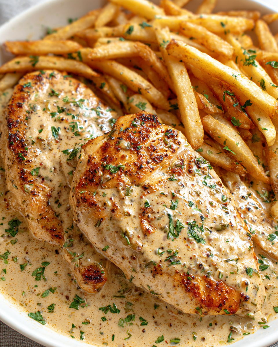 Chicken Fillet in Creamy Garlic-Parmesan Sauce with Fries