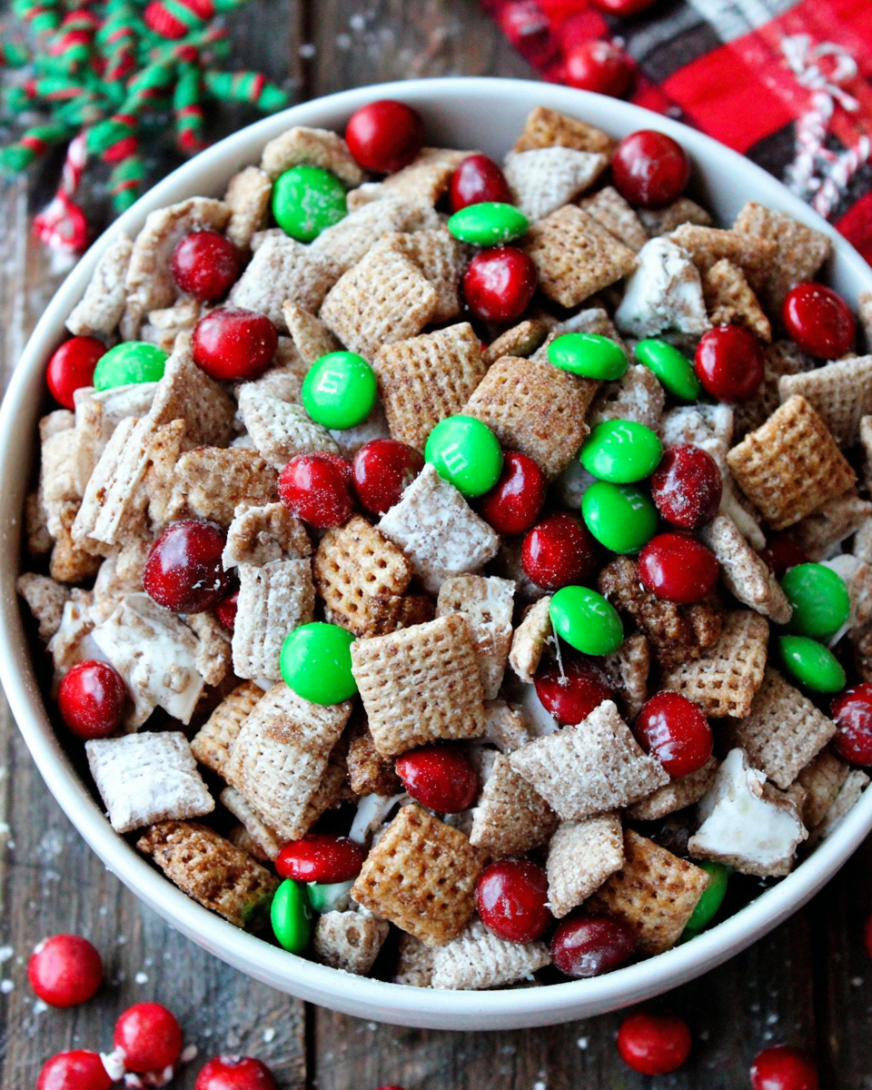 Delicious Holiday Puppy Chow with M&Ms