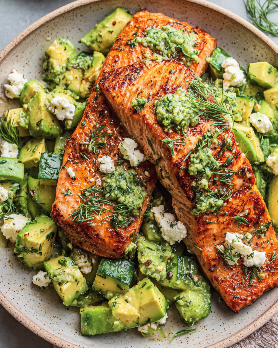 Healthy Seafood Dinner: Baked Salmon with Avocado and Feta