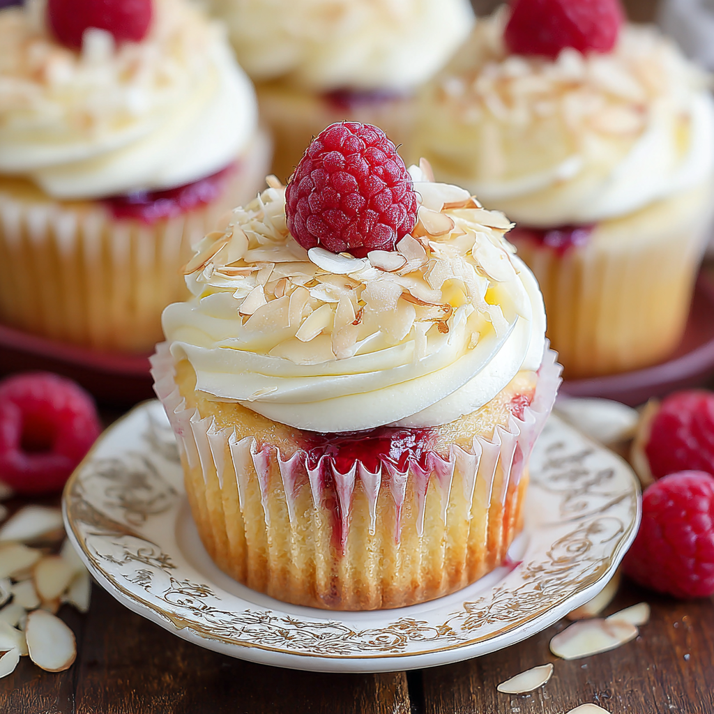 Almond Wedding Cake Cupcakes with Raspberry Filling