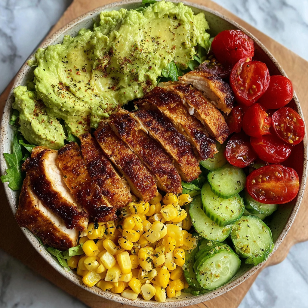 Flavorful Grilled Chicken Bowl with Creamy Avocado Sauce