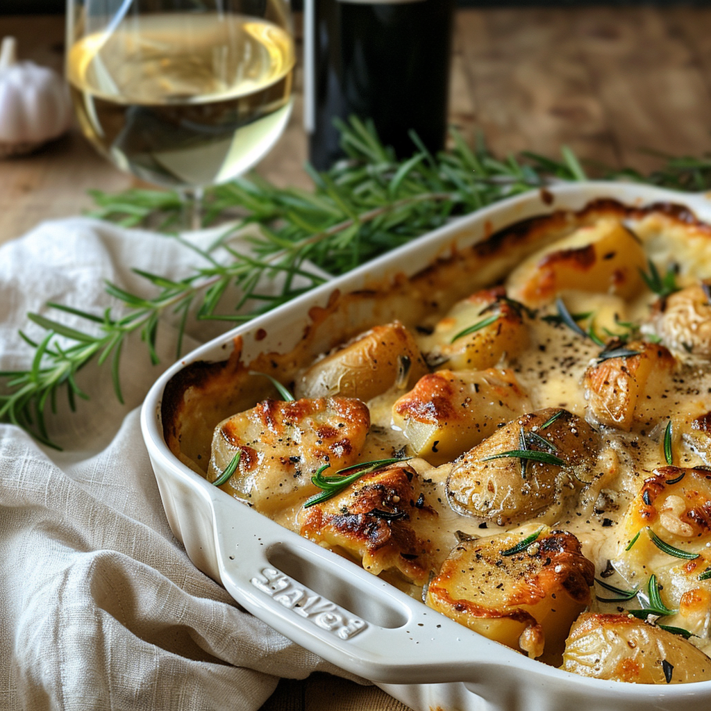 how to make Creamy Garlic Chicken & Potato Bake With Melted Cheese step by step