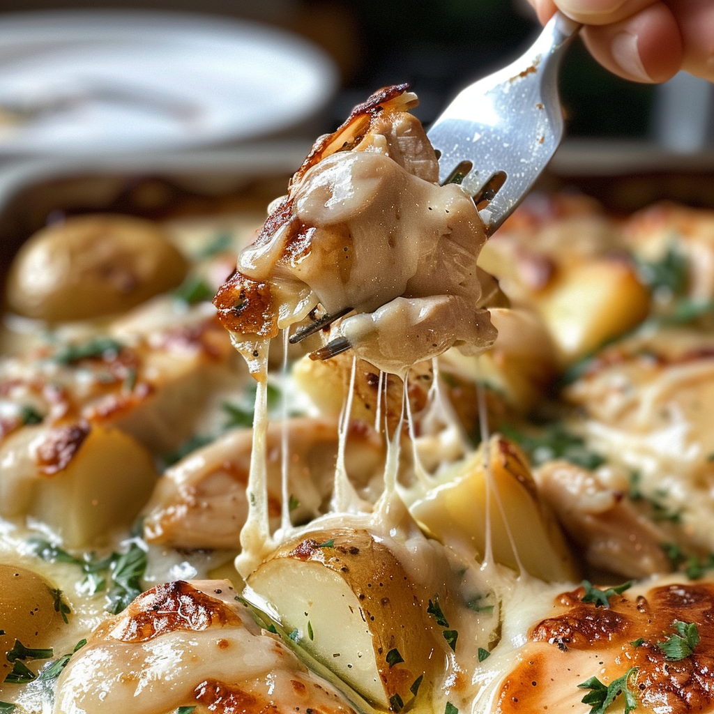 fresh ingredients for Creamy Garlic Chicken & Potato Bake With Melted Cheese