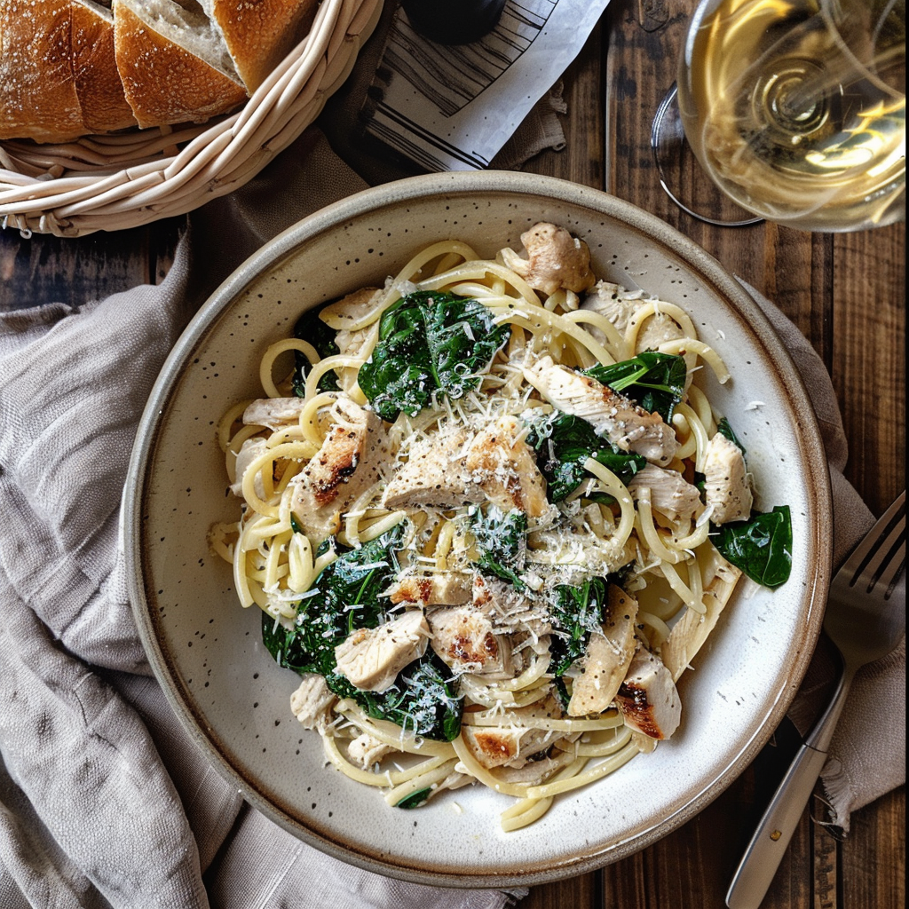 how to make 30-Minute Creamy Garlic Parmesan Chicken Pasta With Spinach step by step