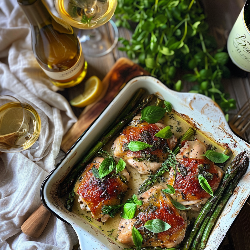 how to make Sheet Pan Lemon Herb Creamy Chicken Thighs With Roasted Asparagus step by step