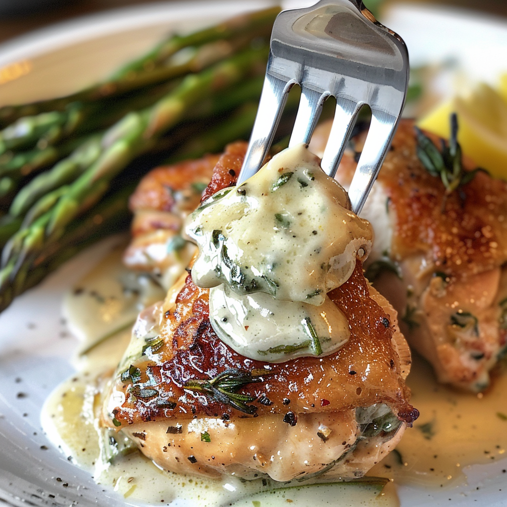 fresh ingredients for Sheet Pan Lemon Herb Creamy Chicken Thighs With Roasted Asparagus