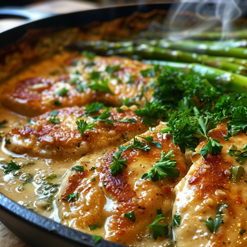 how to make Garlic Parmesan Chicken & Asparagus Skillet With Creamy Sauce (Keto-Friendly) step by step