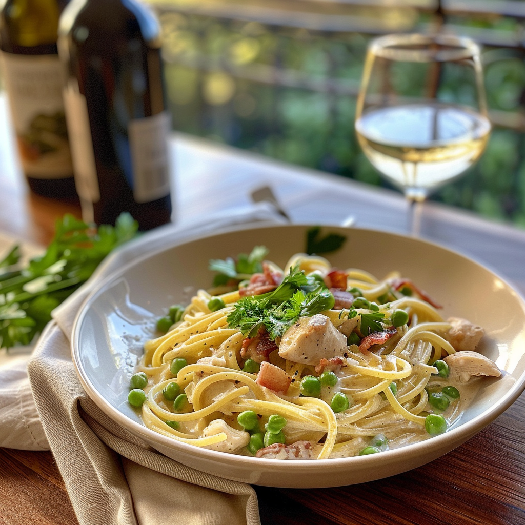 how to make 30-Minute Creamy Chicken & Bacon Carbonara Pasta With Peas step by step