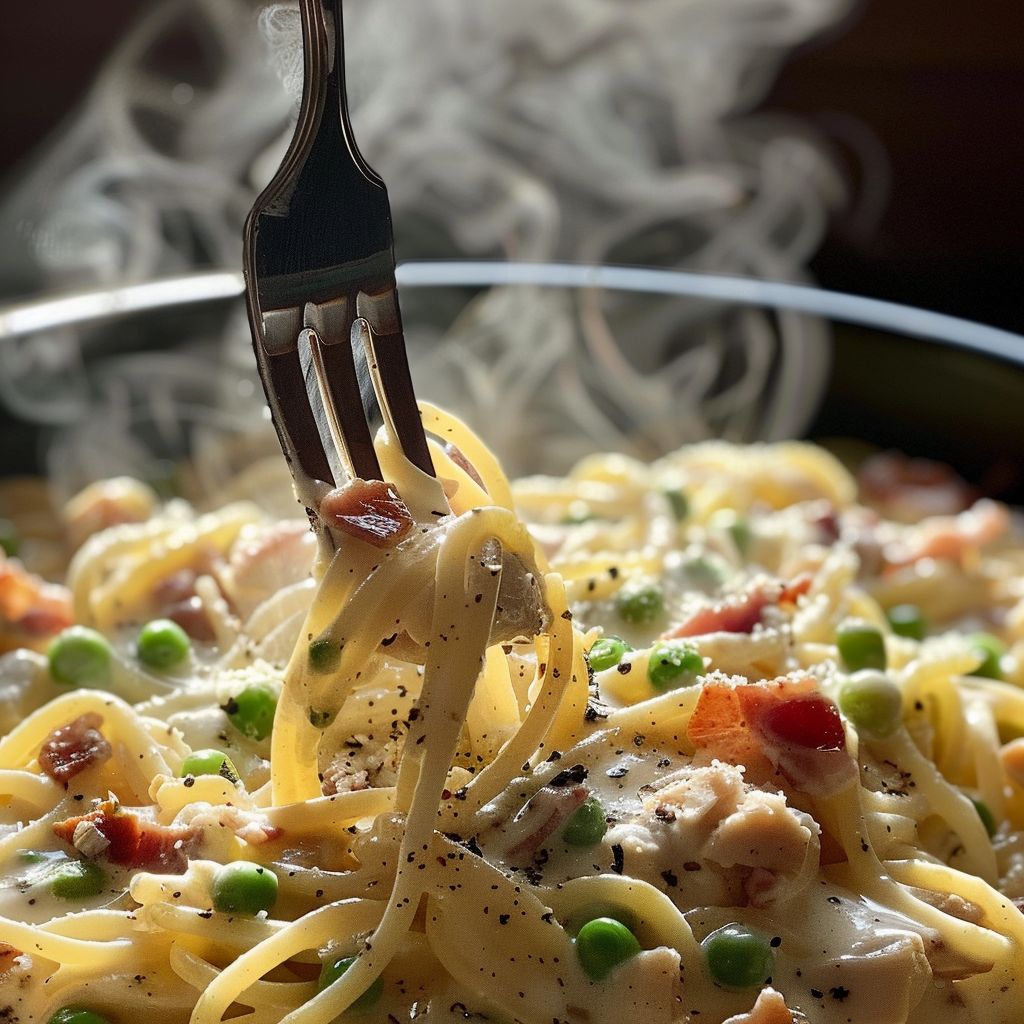 fresh ingredients for 30-Minute Creamy Chicken & Bacon Carbonara Pasta With Peas