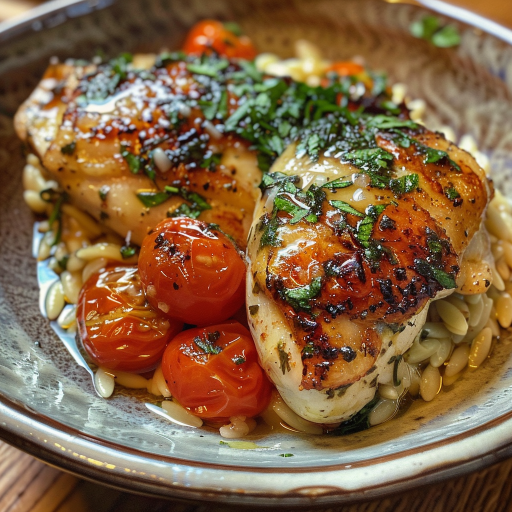how to make One-Pan Creamy Lemon Herb Chicken & Orzo With Roasted Cherry Tomatoes step by step