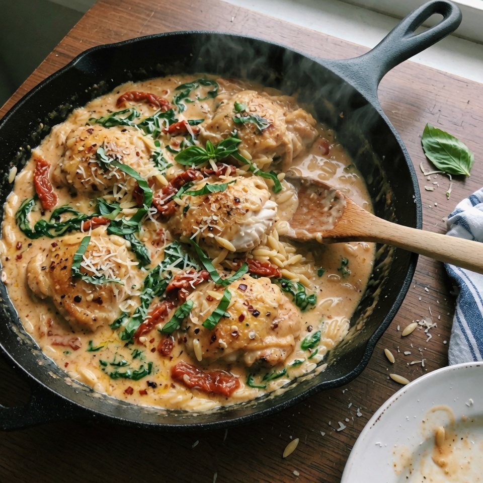 fresh ingredients for One-Pan Creamy Tuscan Chicken & Orzo