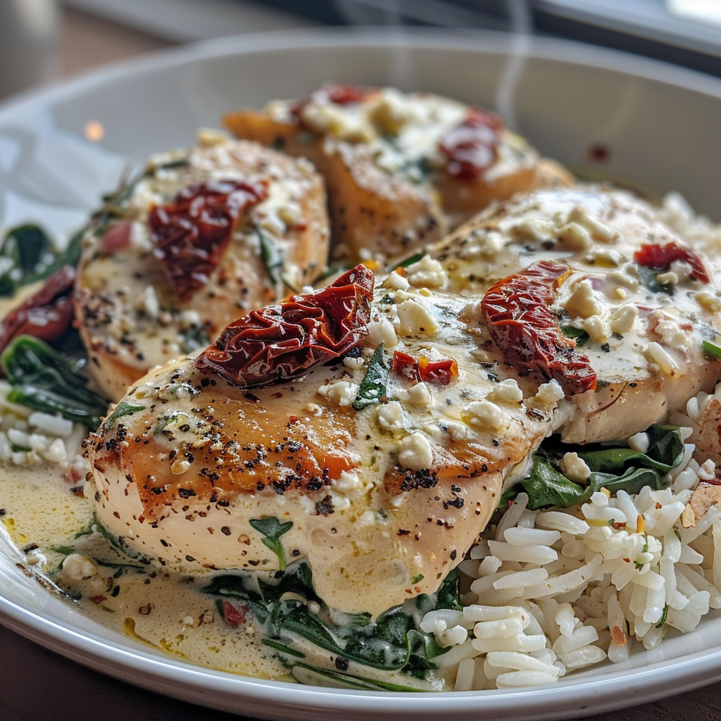 how to make Weeknight Creamy Chicken & Spinach Dinner With Sun-Dried Tomatoes & Feta step by step
